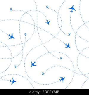 Seamless pattern airplanes routes. travel, vacation, trip seamless concept with dashed lines. isolated vector illustration Stock Vector