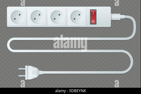 Electrical extension cord with outlets. Energy switch. Cord and electrical plug. Electric device for connecting various appliances to mains. Multiple Stock Vector