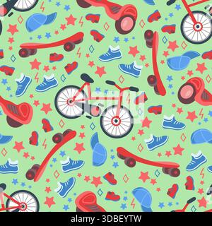 Childrens bicycle and skateboard seamless pattern. Gyro scooter. Sports sneakers and baseball cap. Repeated print. Kids shoes. Cycle urban riding. Cit Stock Vector
