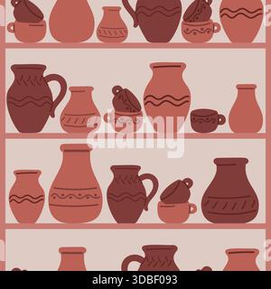 Brown clay kitchenware. Cups and jugs seamless pattern. Ceramic crockery on shelving. Ceramist workshop. Repeated print. Old earthenware bowls at rack Stock Vector