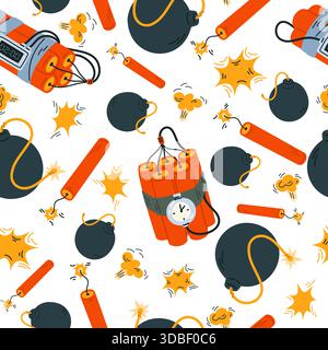Bombs seamless pattern. Explosive devices. Warhead with time fuse detonator. Dynamite sticks. Gunpowder burst. Repeated print. Military weapon. TNT wi Stock Vector