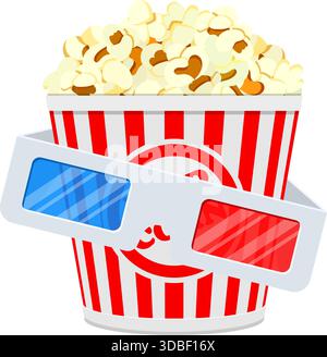 Cinema and Movie time Banner with flat icons popcorn, 3d glasses and tickets. vector illustration Stock Vector