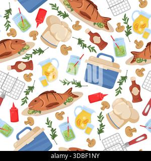 Picnic in nature seamless pattern. BBQ food, Fried fish with mushrooms. Cold drinks. Ketchup bottle. Portable cooler. Repeated print. Lemonade glass j Stock Vector