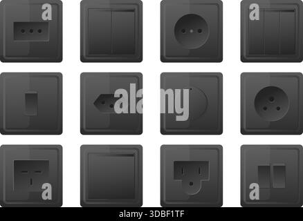 Socket and switch. Various type electrical connectors. Modern standard power supply. 3D equipment. Black toggle buttons. Interior plastic isolated ele Stock Vector