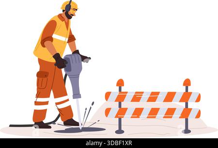 Man road or construction worker is operating jackhammer while wearing protective clothing. Street repair. Roadwork digging tool. Asphalt renovation. S Stock Vector