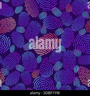 Neon prints of human fingers on dark background. Fingermarks seamless pattern. Multicolored gradient thumbprints. Unique biometric verification. Thumb Stock Vector