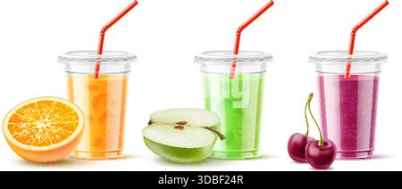 Juice in plastic cup with fruit. Cold drinks. Realistic smoothies in clear glasses. Disposable container with lids and straw. Cherry cocktail. Juicy o Stock Vector