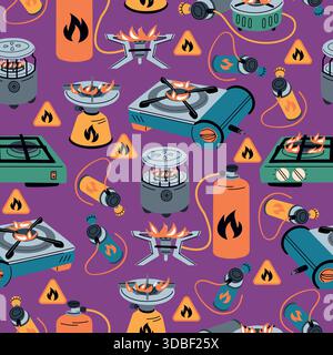 Gas stoves seamless pattern. Portable burners and fuel cylinders. Cooking equipment for picnics and camping. Flammable propane tanks. Repeated print. Stock Vector