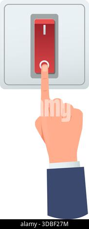Hand presses switch with its finger. Turning electricity on and off. Electric power toggle button. Electrical voltage start turner. Light control. Ele Stock Vector
