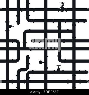Curved water pipes with valves, taps and pressure gauges. Seamless pattern plumbing system. Black silhouette canalization tubes. Sewage engineering. I Stock Vector