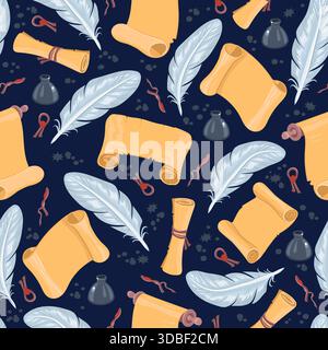 Ancient paper scrolls seamless pattern. Quill and glass ink bottles. Wax seal. Feather pen. Letter message. Document page. Repeated print. Inkwell for Stock Vector