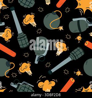 Bombs seamless pattern. Grenades and shells. Explosions with fire flames and smoke. Army gunpowder burst. Repeated print. Military weapon. TNT wick. W Stock Vector