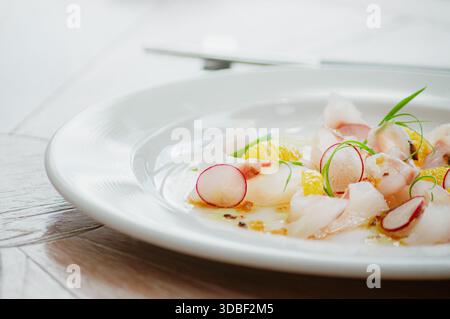 A white plate displays vibrant fish ceviche, garnished with sliced radishes, orange segments, and chives. A translucent sauce coats the fish and other Stock Photo