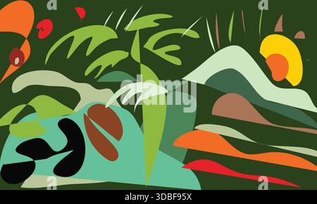Abstract modern landscape illustration with organic shapes, tropical plants, rolling hills, and vibrant earthy colors. Flat vector style artwork ideal Stock Vector