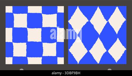 Seamless Patterns Rough Blue Checkerboard Squares And Hand Drawn Diamond Shapes Rhombus Vector Set Stock Vector