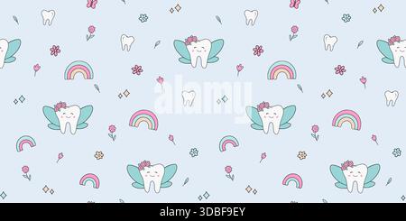 Tooth Fairy Vector Seamless Pattern With Cute Teeth Rainbow And Flowers For Kids Dental Vector Dentistry Design Stock Vector
