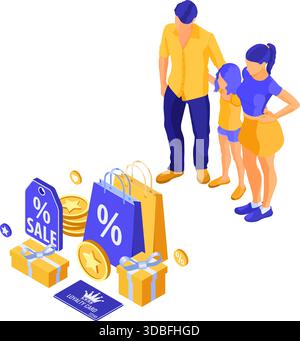 Customer loyalty programs landing page template. family and child with gifts for bonuses from loyalty program as part of customer return marketing. gi Stock Vector