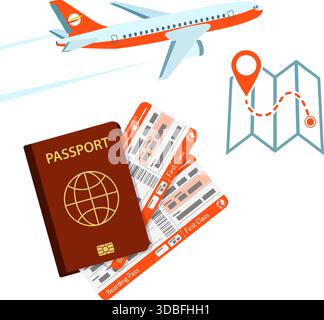 Vacation and Tourism Concept with Flat Icons Aircraft, Passport and Tickets. Vector illustration Stock Vector