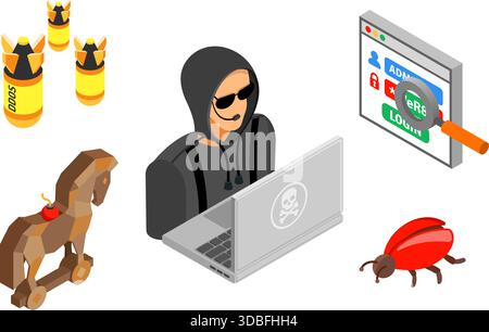 Cyber crime and Hacker Activity Concept with isometric flat icons like hacker, virus, bug and hacking password. vector illustration. Stock Vector