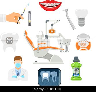 Dental Services banner and infographics with Oral Hygiene and Dental Clinic. Icons in Flat Style Doctor, Dentist Chair, Tooth and Braces. Isolated vec Stock Vector