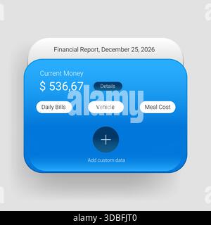 Clean and modern financial information user interface displaying current balance, expense categories, and add data action in a blue gradient card layo Stock Vector