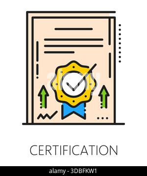 Quality certification and inspection icon or symbol. Product quality certification icon, factory regulation approval color line vector symbol. Regulatory inspection sign with document and award seal Stock Vector
