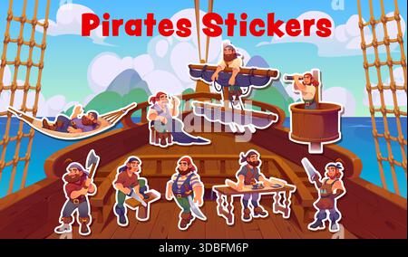 Sticker pack of pirate cartoon characters and objects illustration ...