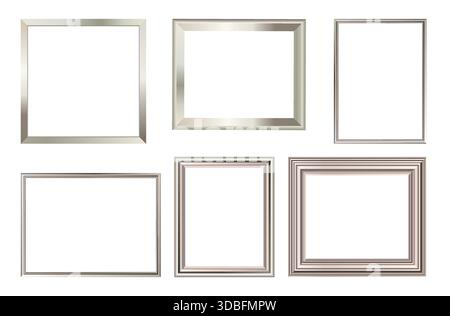 Silver realistic picture frame vector illustration set. Silver thin, thick luxury photo frames isolated on white background. Stock Vector