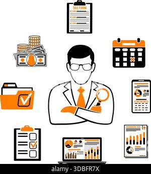 Set Auditing, Tax process calculation, Business Accounting two color icons in flat style. Calculator, Magnifying Glass, Auditor, financial reports and Stock Vector