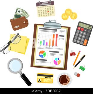 Auditing, Tax process calculation, Accounting Concept. Auditor holds glass in hand and checks financial report. Flat style icons project management, a Stock Vector