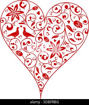 Valentines Day Heart with Flower and Bird isolated on white, element for design, vector illustration Stock Vector