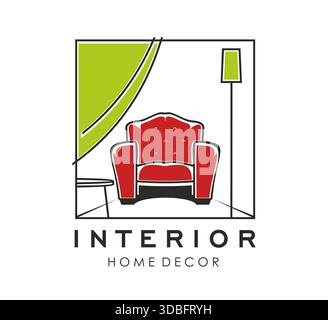 Home interior decor shop thine line icon. Apartment interior atelier vector emblem, house room decor shop icon. Furniture company badge or symbol with red armchair, green curtain and floor lamp Stock Vector