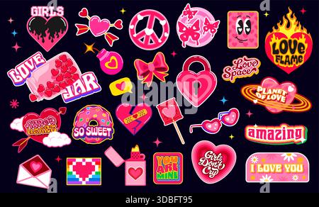 I love you y2k retro groovy stickers, Valentines heart funky patch labels with vector Valentines Day holiday gifts. Retro y2k pink heart candy and sunglasses stickers. Hippie love and peace symbols Stock Vector