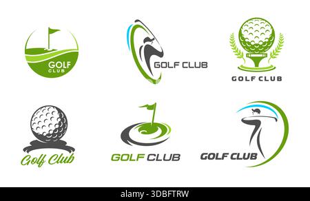 Golf club icons with vector sport ball on tee, flag in hole, golfer player with club and green course silhouettes. Golf sport game tournament or championship isolated symbols with laurel wreath Stock Vector