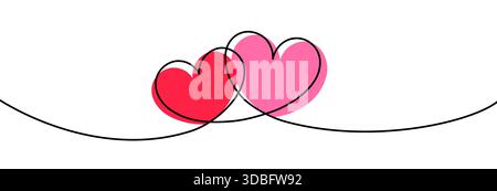 Heart line art border with two pink and red heart shapes. Horizontal Valentine's Day banner Stock Vector