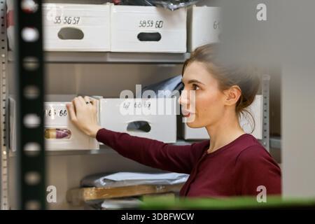 Worker in burgundy top stretches arm to touch white bin on rack, focused expression in room with organized shelves and parcels. Stock Photo
