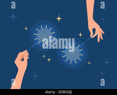 Two hands holding burning sparklers on a dark blue background, flat vector illustration Stock Vector