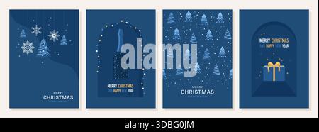 Set of Christmas and New Year greeting cards with holiday design elements in vertical format and dark blue colors. Flat vector illustration Stock Vector