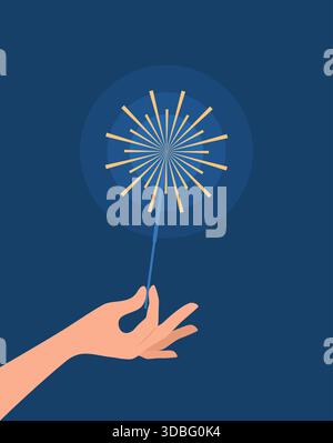 Hand holding a burning sparkler on a dark blue background, flat vector illustration Stock Vector