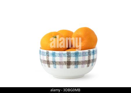 Delicious peeled ripe mandarin oranges in a bowl isolated on white background. Tropical fruits Stock Photo