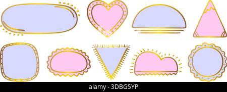 Blue and pink frames with gold contour, hand drawn vector doodle set. Empty shapes, place holder, text box, sale form. Triangle, sun, heart, oval, cir Stock Vector