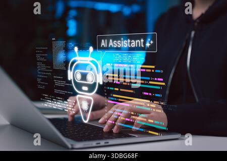 AI coding assistant for software development concept. Developer or programmer using artificial intelligence chatbot tool for programming, automation Stock Photo