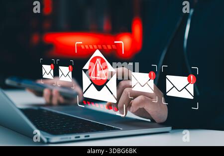 Phishing Email Warning Alert Concept. Person using detecting dangerous spam messages, representing cyber threat, e-mail security awareness, data Stock Photo