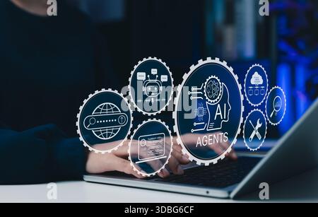 AI Agents Technology for Automation and Virtual Assistance. Woman using laptop with AI agent icons, smart assistant, artificial intelligence elements, Stock Photo