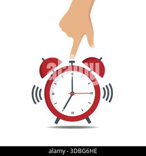 Hand turns off red alarm on a white background. Time to wake up concept. Stock Vector
