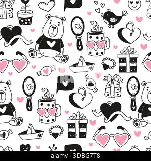 Valentine Seamless Pattern with Cute Bear Teddy, Hearts, Gift, Love Symbols and Cozy Objects. Romantic Repeating Doodle Backdrop Template. Vector Illu Stock Vector