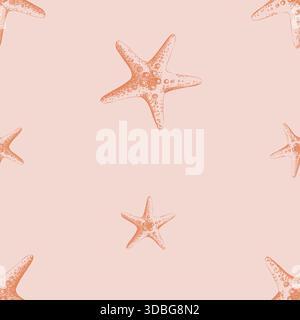 Engraved starfish pattern in a seamless repeat style. Hand drawn marine animal design for summer vacation packaging or beach themed decor. Outline Stock Vector