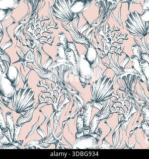 Hand drawn marine life wave seamless pattern. Underwater world nature outline graphic illustration with sea animal for fabric print or textile design Stock Vector