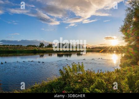 Sunset over the Kelso and Tweed riverside with ducks gliding on tranquil water and lush banks. Stock Photo