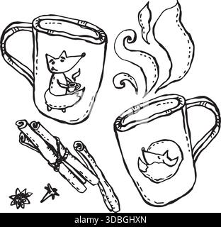 Two cups with painted foxes Stock Vector